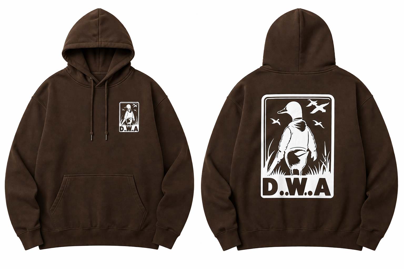 Brown hoodie with front and back graphics on a white background