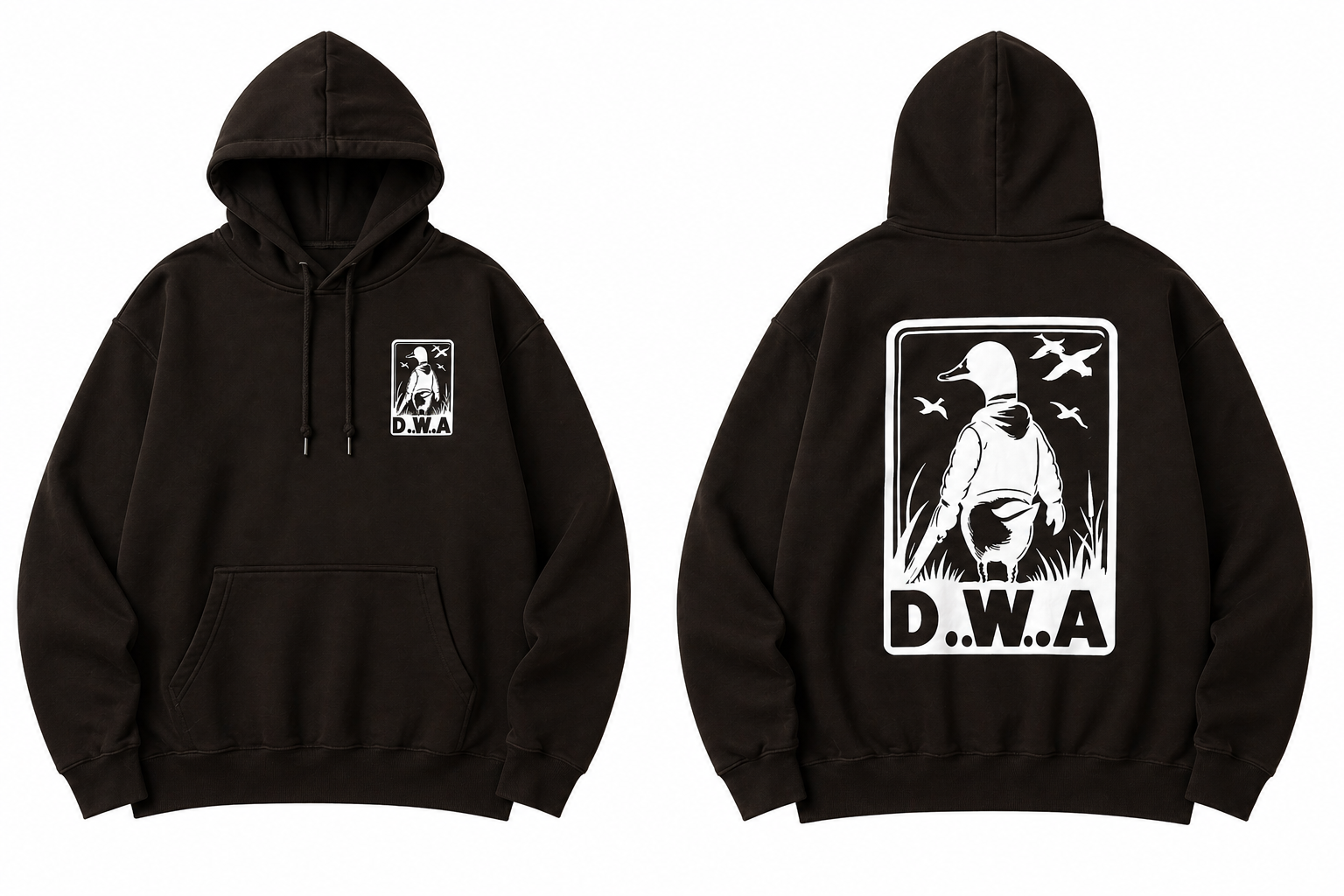 Black hoodie with D.W.A logo on front and back